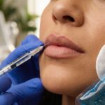 Close up of lips after lip filler procedure with clinician gloved hand holding a filler syringe, gentle swelling visible