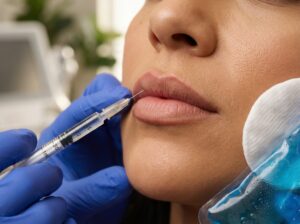 Close up of lips after lip filler procedure with clinician gloved hand holding a filler syringe, gentle swelling visible