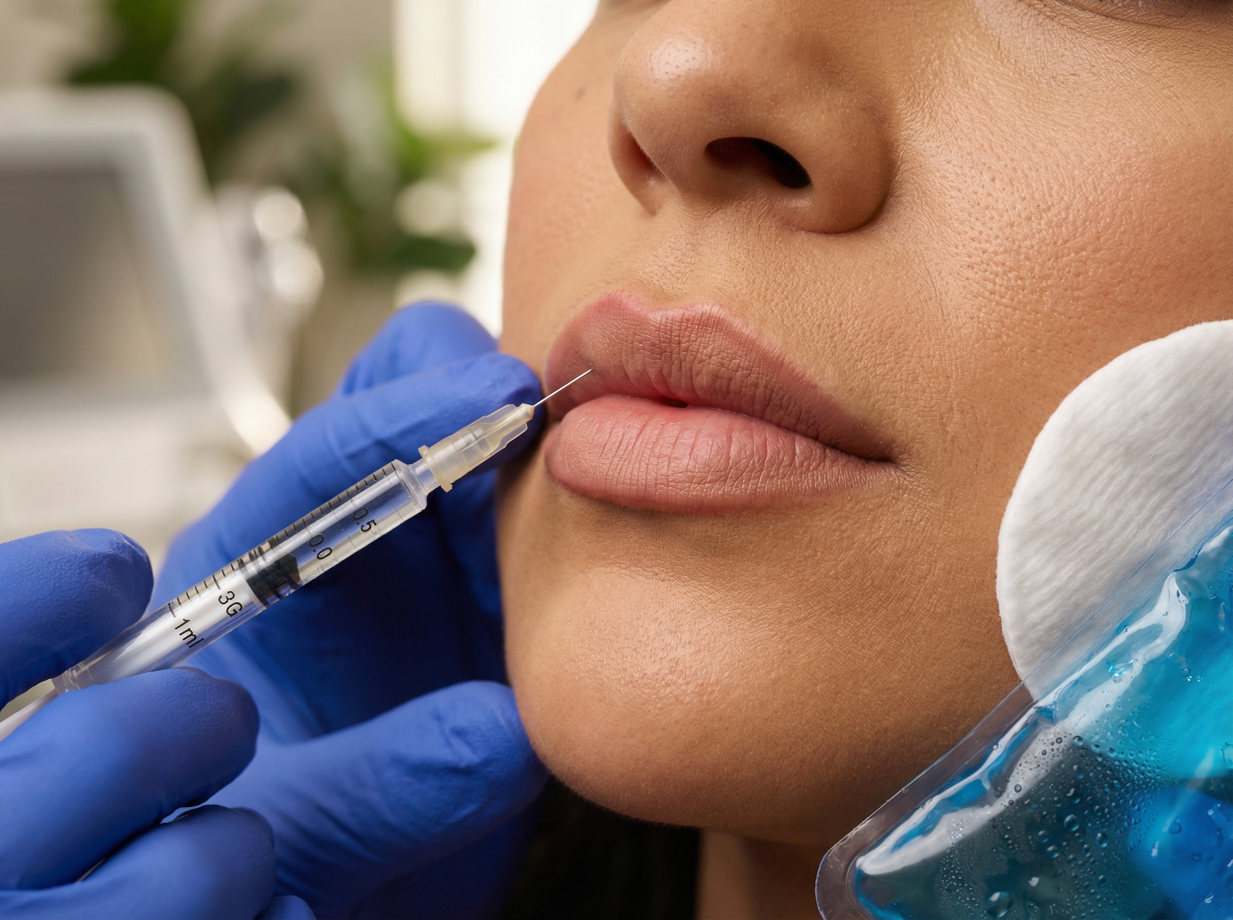 Close up of lips after lip filler procedure with clinician gloved hand holding a filler syringe, gentle swelling visible