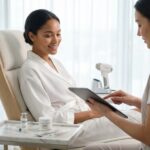 Bride receiving pre wedding skincare consultation from an aesthetician in a bright spa with skincare tools and non invasive treatment devices visible