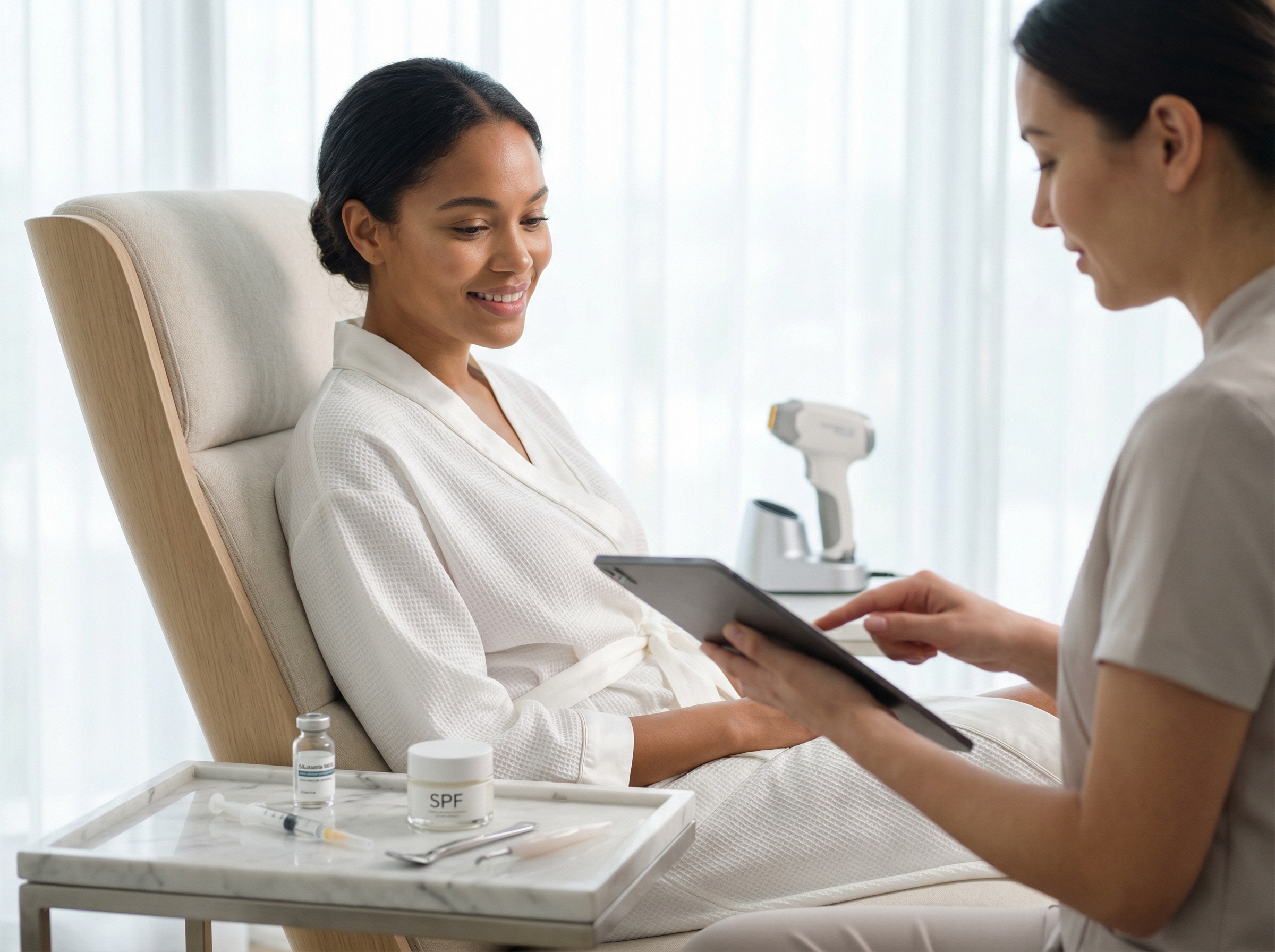 Bride receiving pre wedding skincare consultation from an aesthetician in a bright spa with skincare tools and non invasive treatment devices visible