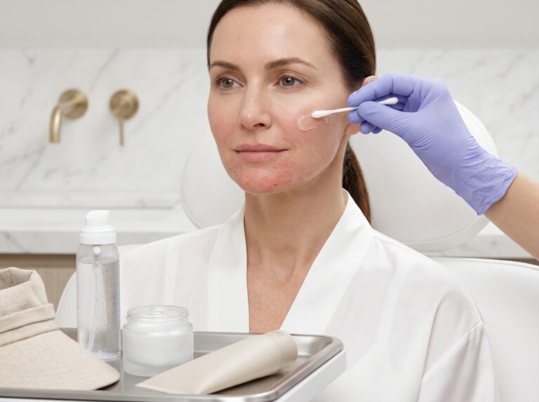 Patient receiving CO2 laser facial aftercare as clinician applies ointment; mild redness and healing skin visible