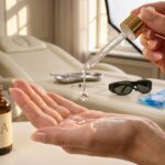 Close up of a clinician hand dispensing hyaluronic acid serum from a glass dropper with aesthetic treatment tools blurred in the background including a syringe, laser goggles and a cooling pack