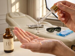 Close up of a clinician hand dispensing hyaluronic acid serum from a glass dropper with aesthetic treatment tools blurred in the background including a syringe, laser goggles and a cooling pack