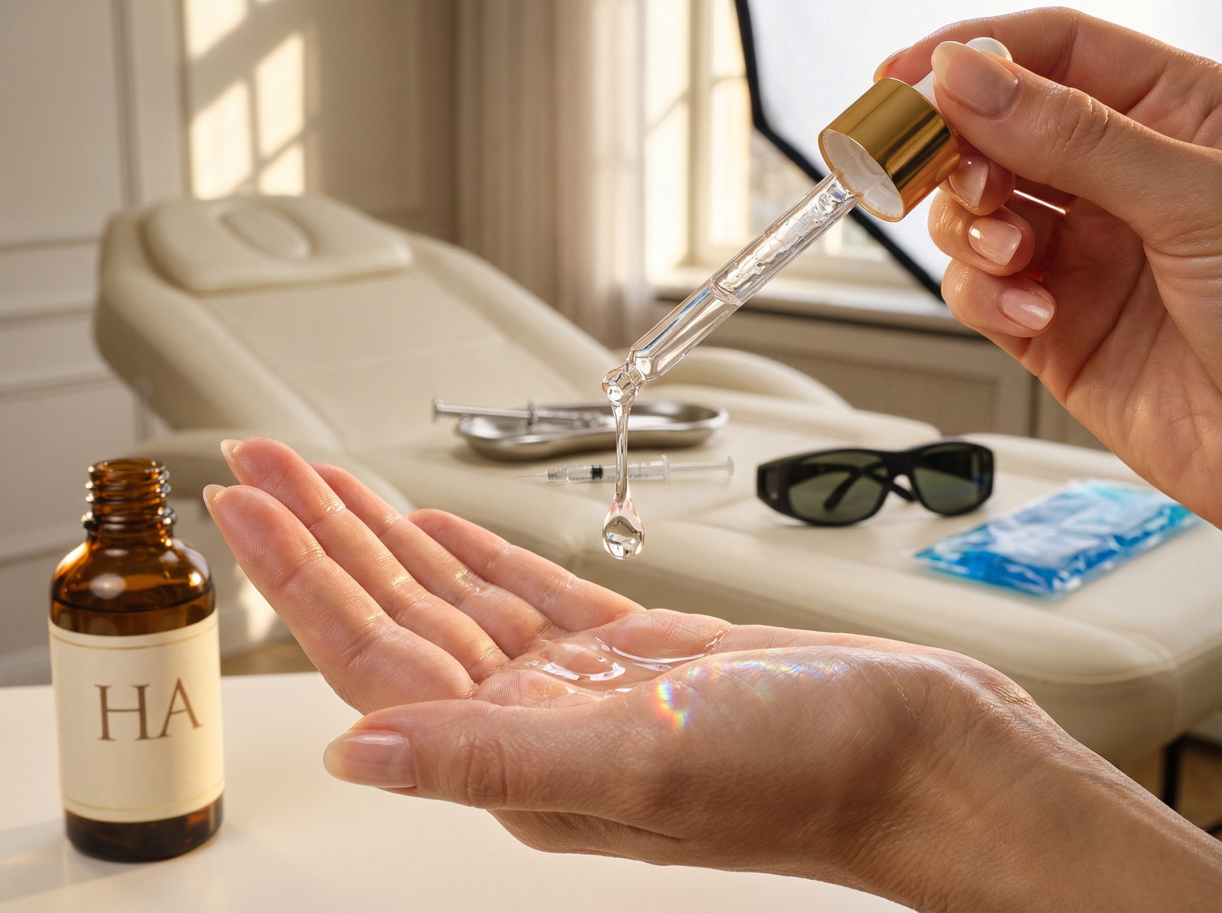 Close up of a clinician hand dispensing hyaluronic acid serum from a glass dropper with aesthetic treatment tools blurred in the background including a syringe, laser goggles and a cooling pack