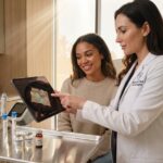 Young woman consulting a dermatologist about collagen preservation and noninvasive treatments in a modern medical spa
