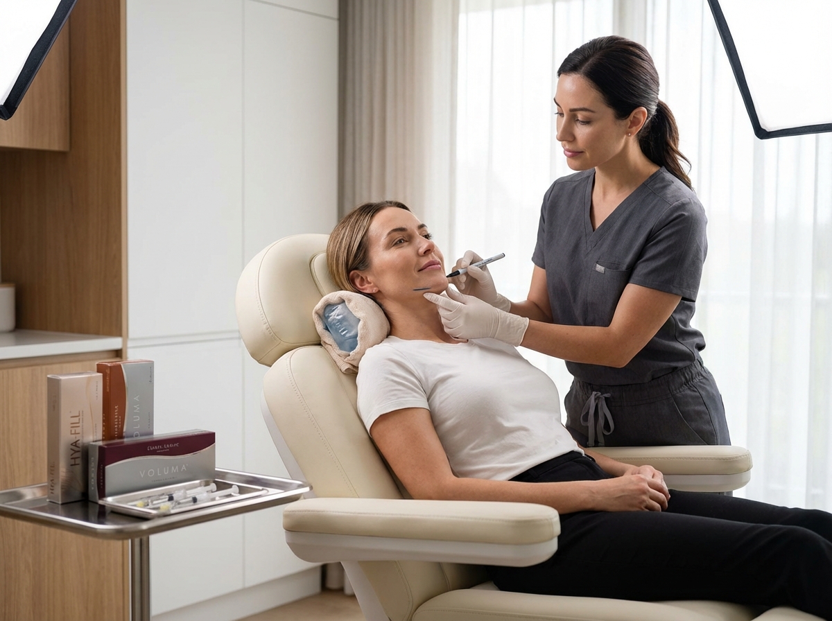 Clinician marking a patient's jawline before filler treatment in a clean aesthetic clinic; patient reclined with a cool compress at the chin.