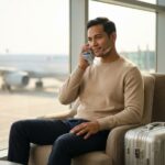 Traveler at airport holding an ice pack to the cheek with a small adhesive bandage visible, airplane visible through terminal window