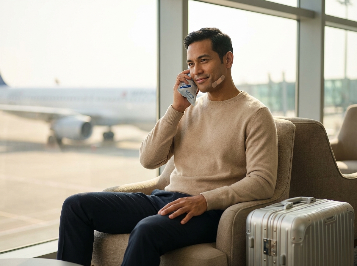Traveler at airport holding an ice pack to the cheek with a small adhesive bandage visible, airplane visible through terminal window