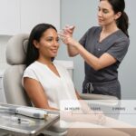 Clinician discussing Botox injection with patient in a cosmetic clinic showing syringe, filler, laser device and recovery timeline overlay