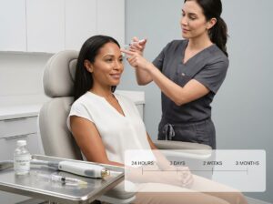Clinician discussing Botox injection with patient in a cosmetic clinic showing syringe, filler, laser device and recovery timeline overlay
