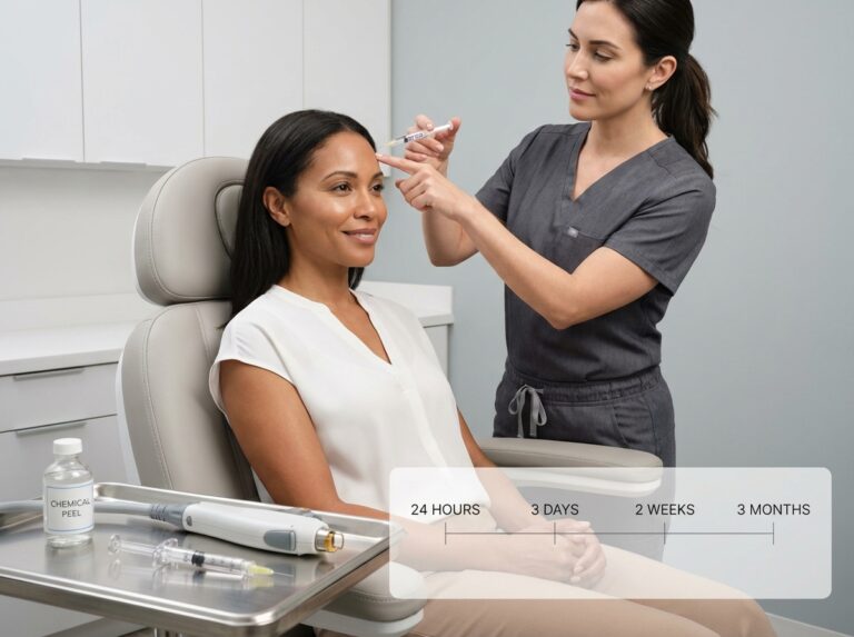 Clinician discussing Botox injection with patient in a cosmetic clinic showing syringe, filler, laser device and recovery timeline overlay