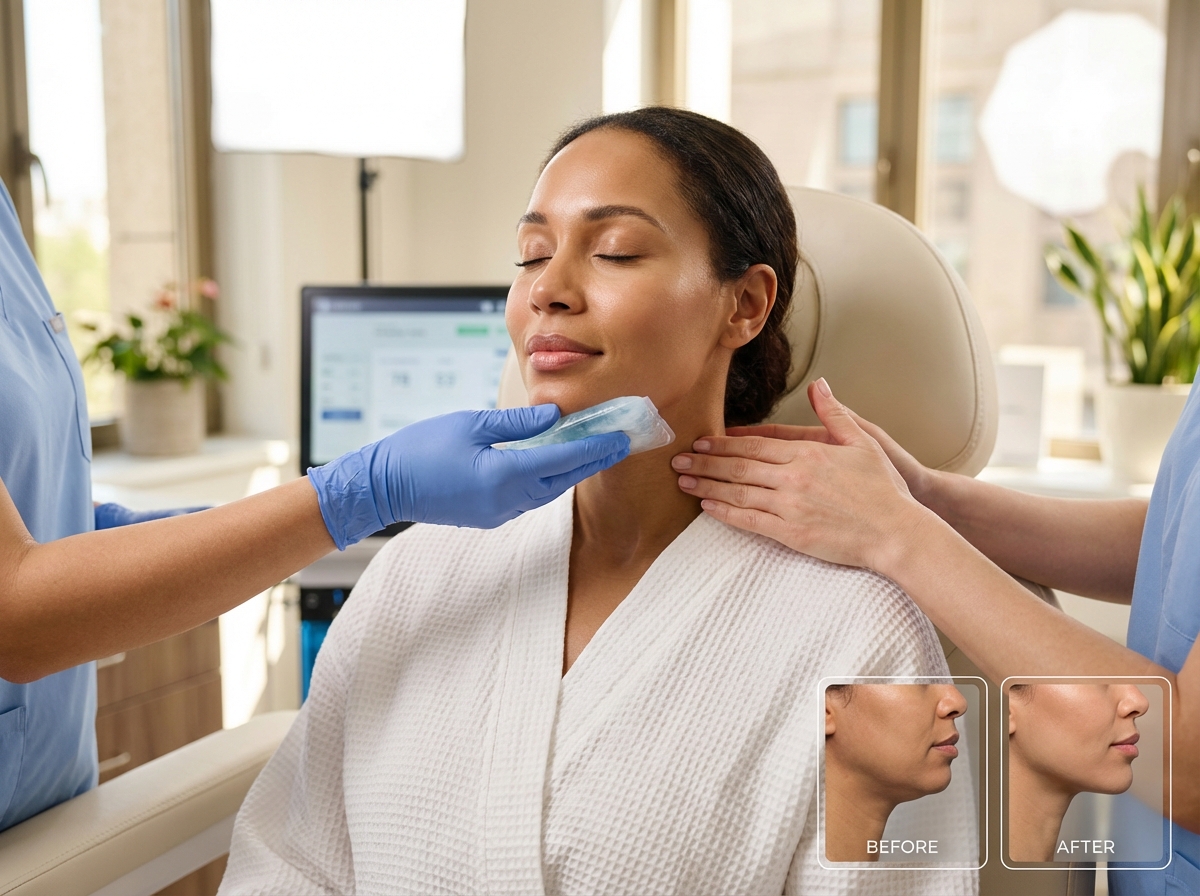 Clinician applying cool compress and performing gentle lymphatic massage to reduce swelling under a patient's chin in a modern clinic