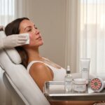 Patient receiving cold compress after microneedling with gentle skincare products on a clinic tray