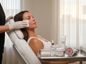 Patient receiving cold compress after microneedling with gentle skincare products on a clinic tray