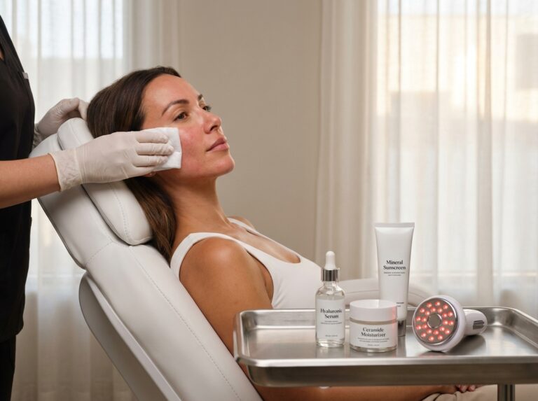 Patient receiving cold compress after microneedling with gentle skincare products on a clinic tray